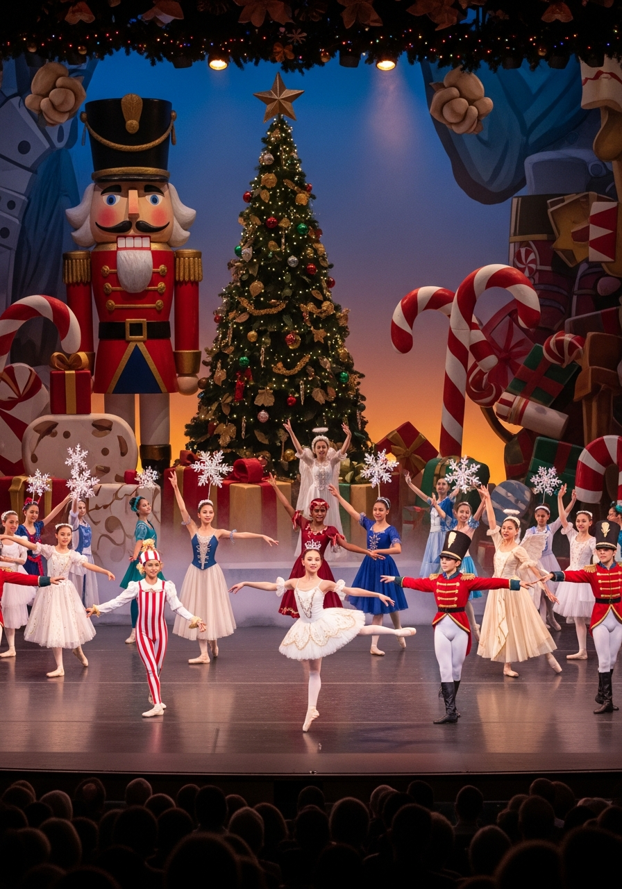 Youth ballet dancers performing The Nutcracker in festive costumes