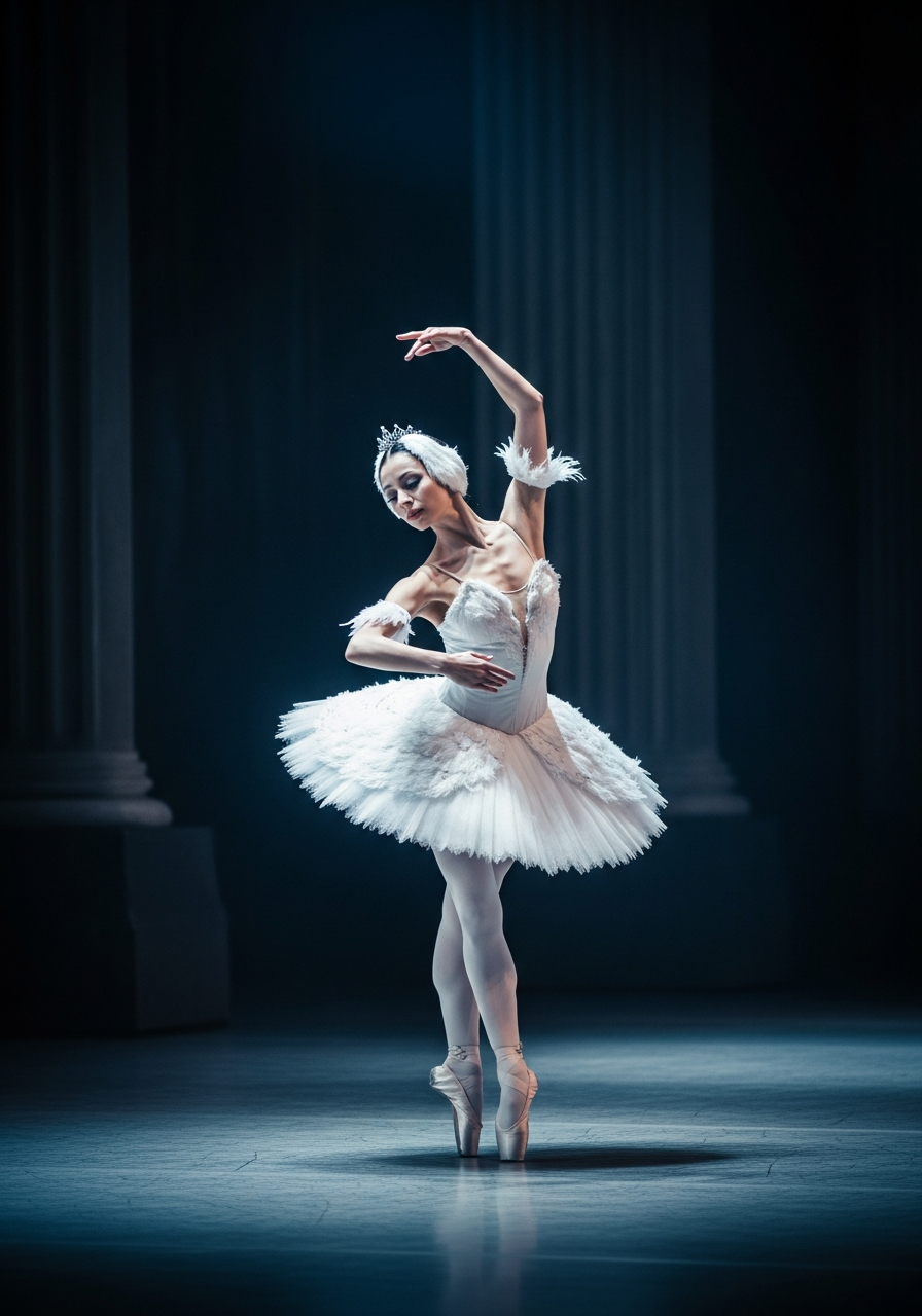 Ballet dancer performing Swan Lake on stage in dramatic lighting
